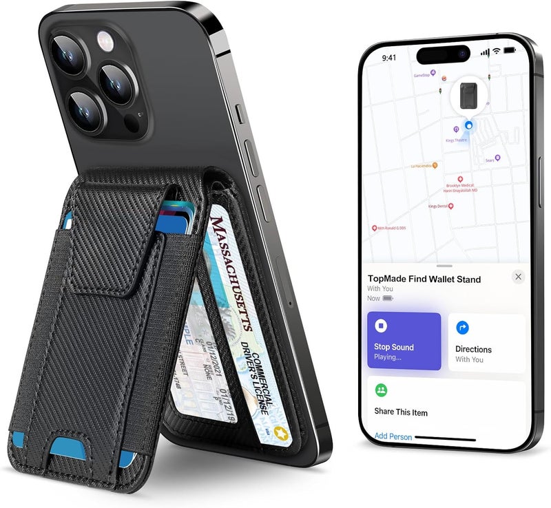 TopMade for Magsafe Wallet, Works with Apple Find My, Strongest Magnetic Wallet for iPhone 17/16/15/14/13/12 Series, Magnetic card holder with Adjustable Stand, 9 Cards Holder, Carbon Fiber Black - Image 1
